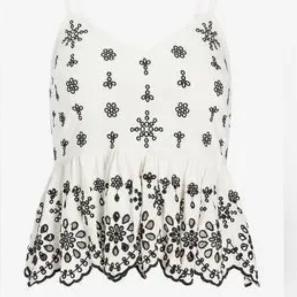 Express Embroidered White & Black Eyelet Top
